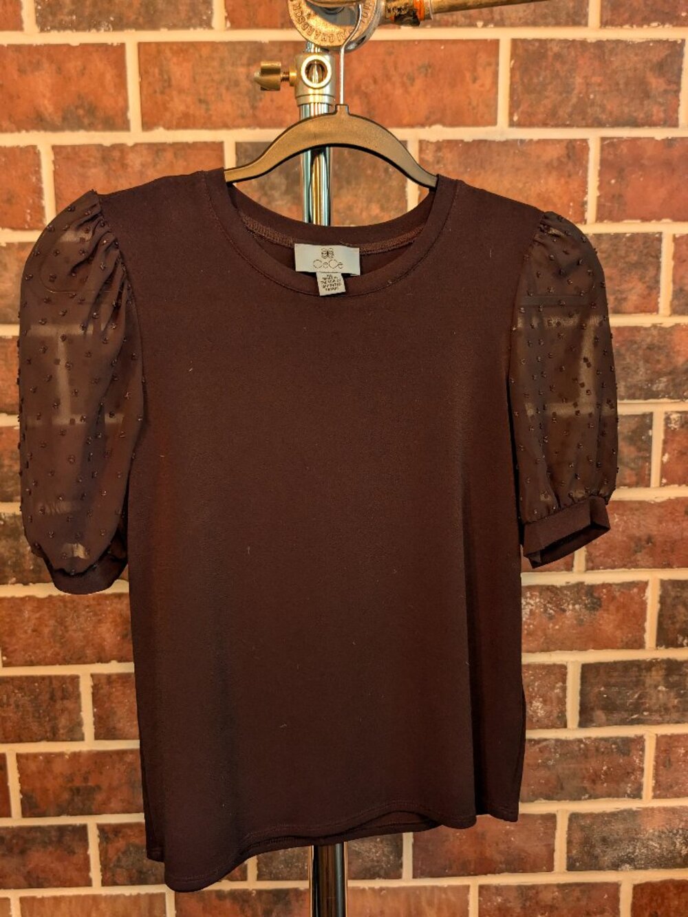 CECE Black Swiss Dot Puff Sleeve Mixed Media Top XS